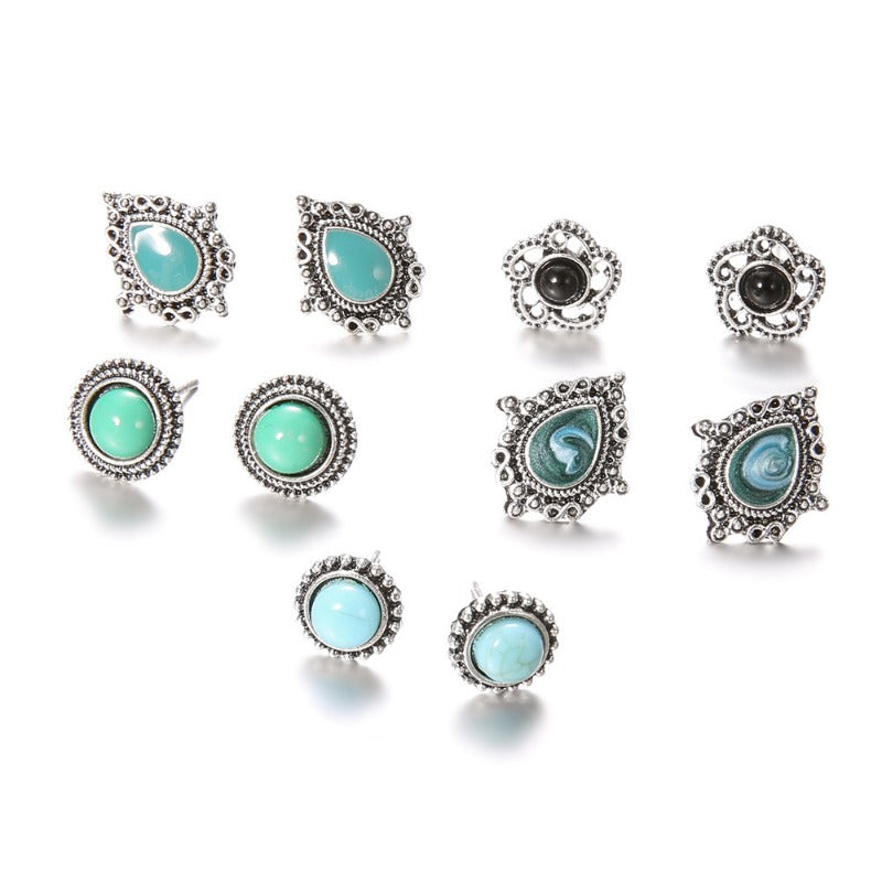 Wholesale Blue Dazzling Turquoise Gemstones Bohemian Style Stud Earrings